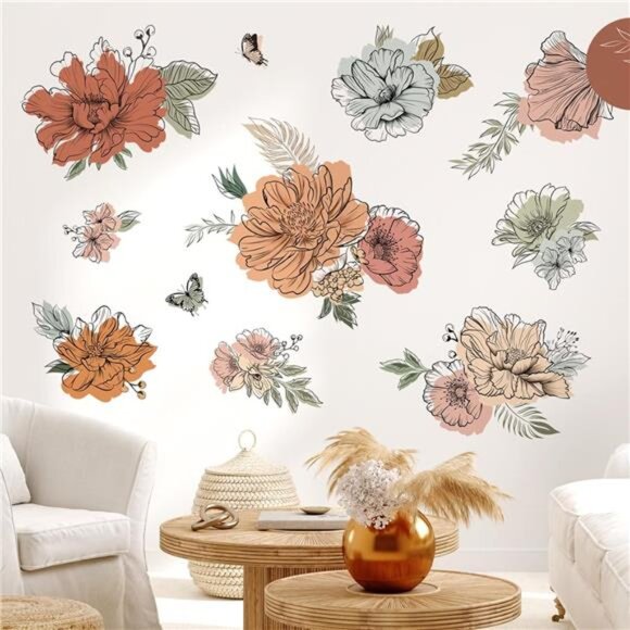 Boho Flower Wall Decals Vintage Floral Sun Butterfly Stickers Bedroom Living Roo - Picture 3 of 7